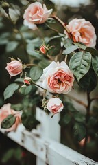 Delicate peach garden roses blooming on bush with green leaves against white fence, romantic spring garden scene with soft natural lighting and moody atmosphere.