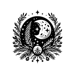 A celestial winter emblem, featuring a crescent moon face amidst a starry night, embraced by intricate botanical leaves and a snowflake ornament, presented in a bold, monochromatic style.
