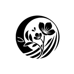 Monochromatic Floral Emblem: A Stylized Black and White Circular Design Featuring Flowers, Leaves, and Abstract Elements.