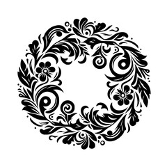 Intricate Black Floral Wreath Design on White Background, Featuring Leaves, Swirls, and Flowers in a Symmetrical Arrangement.
