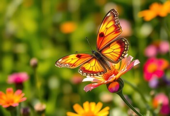 Vibrant butterfly delicately perched on a bright bloom, wings spread wide in sunlit meadow, pollinator, lepidoptera