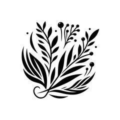 Intricate Black and White Botanical Illustration: A Stylized Composition of Leaves, Berries, and Elegant Foliage Elements on a White Background.