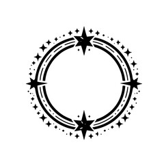 Fototapeta premium Intricate black and white circular emblem featuring star accents and geometric lines, set against a pristine white backdrop, creating a minimalist design.