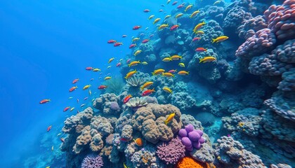 Obraz premium Vibrant coral reef teeming with colorful fish, snorkeling, reef fish