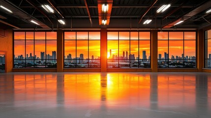 Stunning Sunset Cityscape Viewed from a Modern Industrial Space