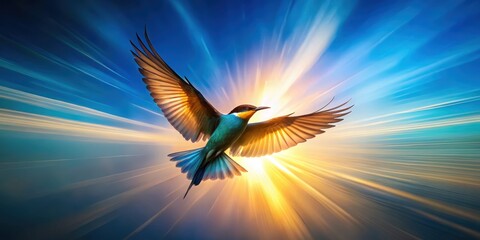 Obraz premium A lone bird soars through a sky awash in golden light, its wings outstretched in a triumphant flight towards the sun.