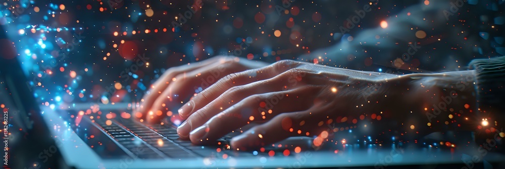 Poster hands typing on laptop keyboard in dark with glowing red and blue particles effect, cybersecurity an