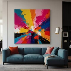 Brightly colored abstract art on a canvas hanging in a modern apartment