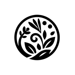 Minimalist Black and White Botanical Emblem: A circular design featuring stylized leaves, sprigs, and swirls, conveying a sense of natural elegance.