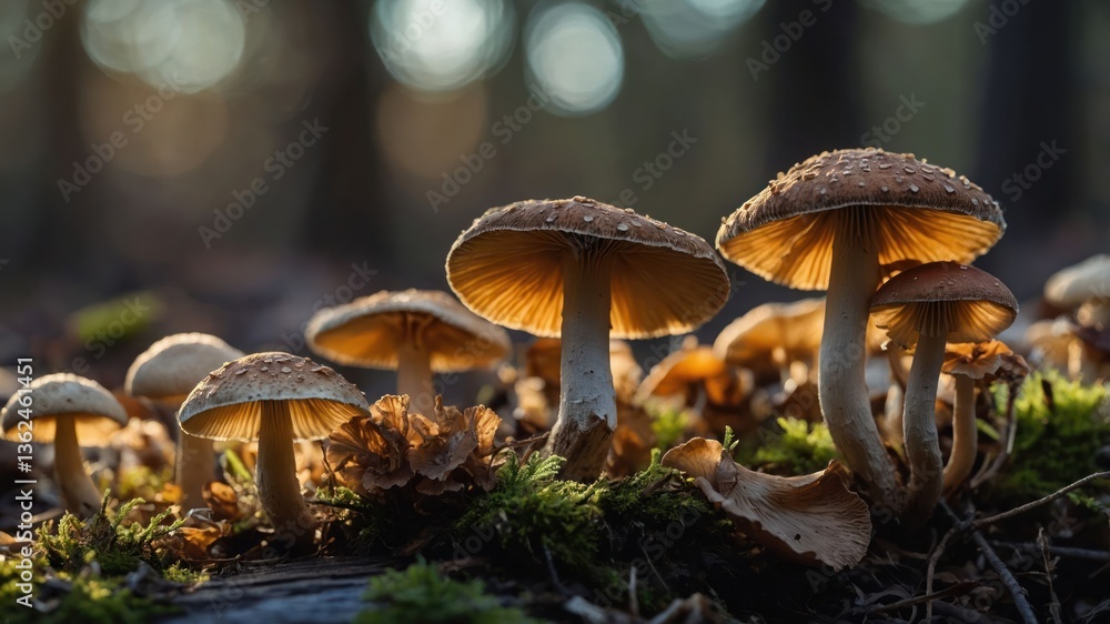 Poster a collection of mushrooms illuminated by soft sunlight in a forest setting.