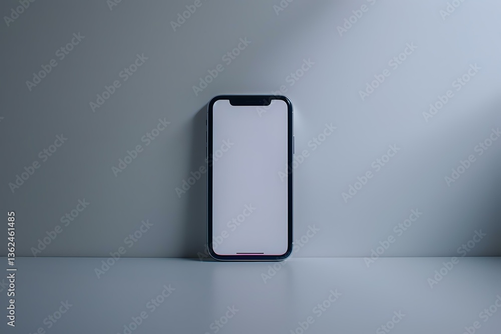 Poster modern smartphone with blank white screen standing upright against minimal gray background, clean mo