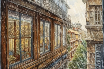 Naklejka premium St. Petersburg street, visible from one of the windows. The rain pours, creating an atmosphere of comfort and melancholy. 