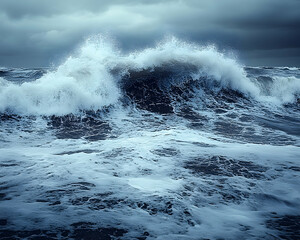Obraz premium Dramatic, large waves crashing in a stormy sea beneath an overcast, dark sky