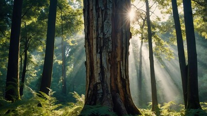 Obraz premium Sunlight filters through trees in a serene forest setting, highlighting nature's beauty.