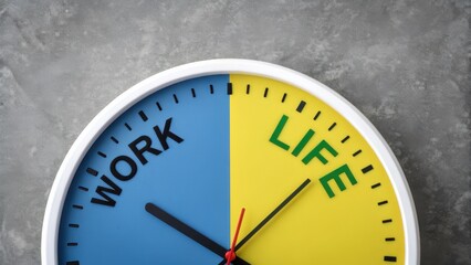 A clock divided into two sections, labeled "WORK" in blue and "LIFE" in yellow, representing the balance between work and personal life.