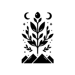 A stylized black and white illustration featuring a tree, mountains, crescent moons, stars, and a central orb, evoking a sense of nature and spirituality.
