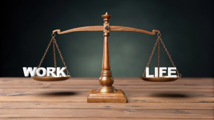 A balance scale with "Work" on one side and "Life" on the other, symbolizing the concept of work-life balance against a dark background.