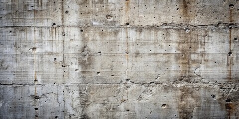 A weathered concrete wall with numerous holes, cracks, and streaks of rust, evoking a sense of time and resilience.