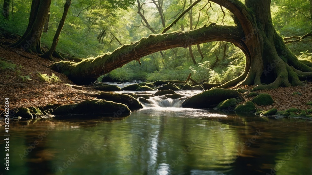 Poster a serene forest scene with a curved tree over a calm stream surrounded by lush greenery.