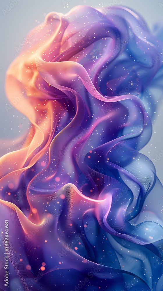 Poster ethereal flowing abstract shapes in coral pink and deep blue colors with glowing particles creating 