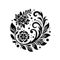 Intricate Black and White Floral Mandala Design Featuring Two Detailed Flowers, Delicate Leaves, Swirls, and Small Circular Dots, All Arranged in a Symmetrical Circular Pattern on a Clean White Backgr