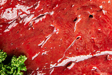 Raw liver beef veal meat steak liver grill appetizer vegetables dish fresh delicious gourmet food...