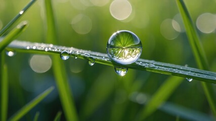 A close-up of a water droplet on grass, showcasing nature's beauty and detail.