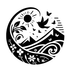 Monochrome nature scene in a circular frame, featuring a sun, birds, mountains, flowers, and flowing elements.