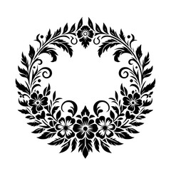 Intricate Floral Wreath: A symmetrical, black and white illustration featuring stylized flowers, leaves, and swirls arranged in a circular frame against a plain white background.