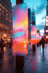 Colorful abstract light panels in vibrant urban evening scene