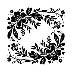 Intricate Black and White Floral Design Forming a Square Frame, Featuring Detailed Blossoms and Foliage on a White Background.
