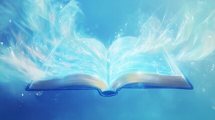 An ethereal open book with glowing pages surrounded by a blue magical aura, symbolizing knowledge, imagination, and creativity.