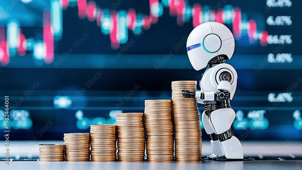 Aufkleber cute humanoid robot builds a tower of coins in front of digital stock market analytics. concept of a