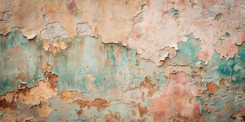 A weathered wall surface with peeling paint revealing a multi-layered history in shades of brown, pink, and teal.