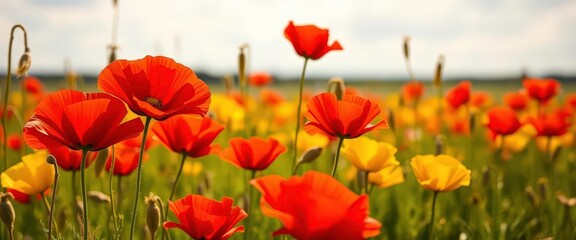 Obraz premium Vibrant red and yellow poppies in a sunlit field, texture, summer