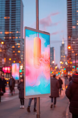 Vibrant digital advertisement display in bustling urban street at twilight