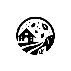 A minimalist black and white circular logo featuring a house on a hill, leaves, and dots representing nature, with a simple, clean design.