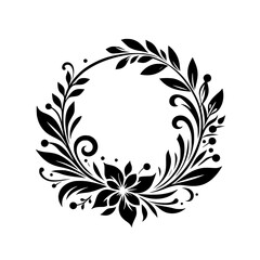 Elegant Black Floral Wreath Design: Detailed botanical illustration with intricate leaves, flower, and swirling embellishments arranged in a circular frame on a clean white background.