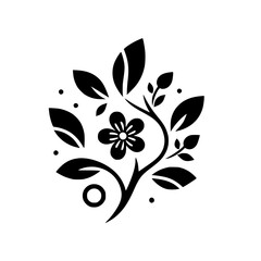 Elegant Black and White Floral Design: A symmetrical arrangement featuring a central flower, stylized leaves, and delicate buds against a pristine white backdrop.