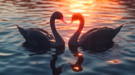 Fototapeta premium Pair of black swans on the lake at sunset.