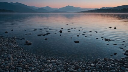 Serene lakeside view at dusk with pebbles and mountains in the background.