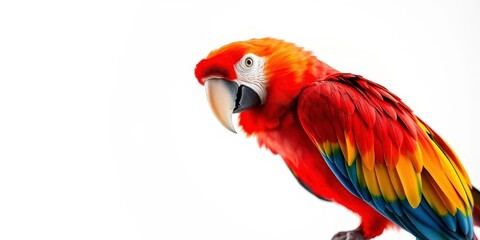 Fototapeta premium Vibrant red macaw parrot perched on a clean white background, jungle, avian