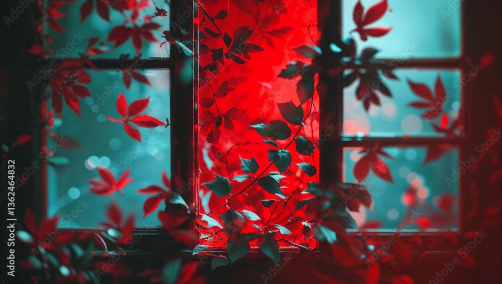 Poster vibrant autumn leaves entwined in window frame create a striking contrast against soft glowing backg