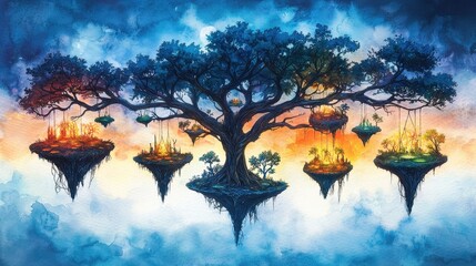 Fototapeta premium Panoramic Scene of Yggdrasil Tree with Floating Islands and Vibrant Sky Colors