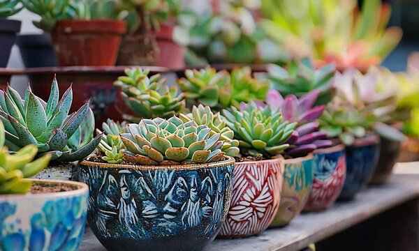 A close-up of colorful succulent plants in decorative pots, beautifully arranged in a row.