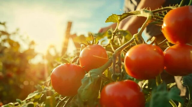 Closeup of ripe tomatoes on vine, farmer harvesting in sunny field video.