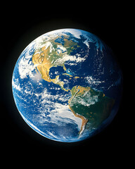 Earth Full view of our planet with continents, oceans, and clouds against a dark background