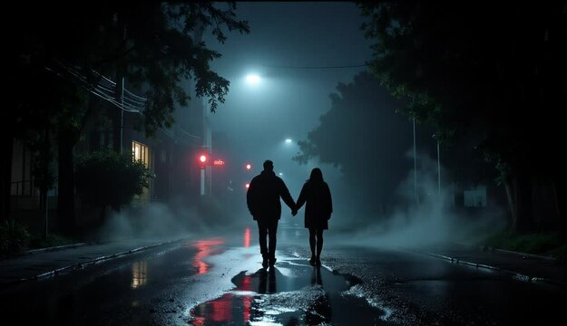A romantic couple walking hand in hand along a rain-soaked road at night
