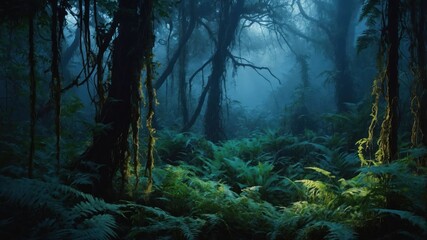 A misty forest scene with dense foliage and ethereal lighting.