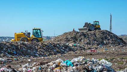 Working at Landfill with Heavy Machinery and Piles of Mixed Waste